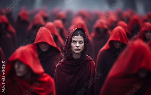 Woman dressed in a red hooded cloak shows her face, surrounded by hooded people whose faces are not visible - ai generative