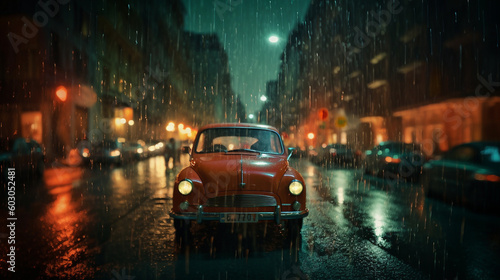 rain is falling under the classic vehicle represent loneliness. generative AI © Hatia