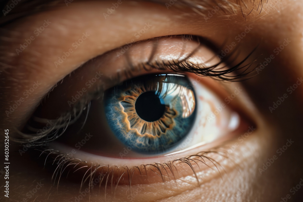 Fototapeta premium Abstract and modern close-up of a human eye in stunning blue color. Macro view of the pupil and iris with focus on the beautiful skin. Perfect for creative and aesthetic photography. AI Generative.