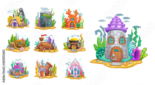 Underwater cartoon fairy house buildings for game assets, vector undersea home dwellings. Mermaid fish or marine creature houses in coral reef, wooden boat, shell and pot home with doors and windows