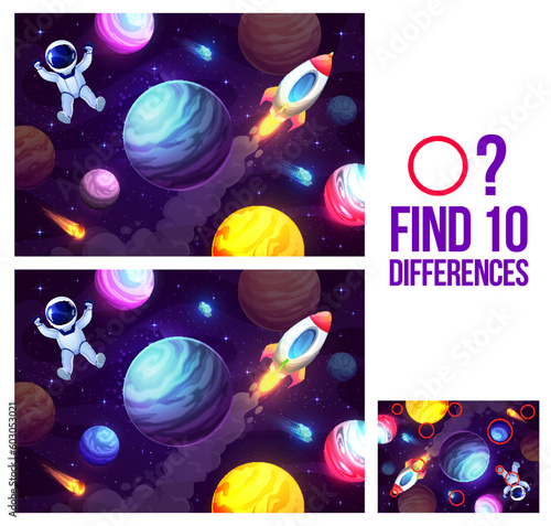 Find ten differences. Cartoon astronaut in outer space kids game puzzle quiz. Vector worksheet of picture matching game with space landscape, rocket, planets, stars and spaceman with helmet and suit