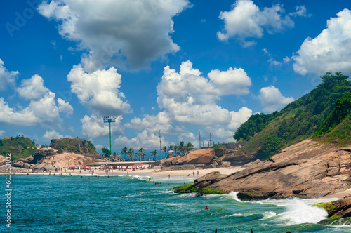 Diabo beach near Copacabana in Rio de Janeiro, Brazil. Sunny seascape of Rio de Janeiro