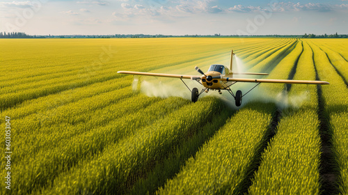 An agricultural aircraft plane watering a field during the daytime Generative AI