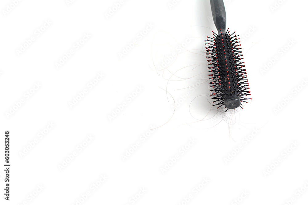 Hair loss and comb, hair loss every day, serious problems and hair loss on a white background. Hair loss and comb, hair loss every day, serious problems and hair loss on a white background.