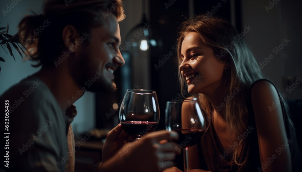 Smiling young couple enjoying wine at bar generated by AI Smiling young couple enjoying wine at bar generated by AI