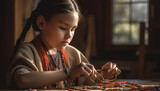 Girls sitting at table, crafting beaded jewelry generated by AI
