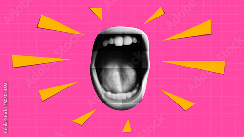 Punk collage. Halftone-style mouth open in a scream. Triangles fly out of it like an abstract sound. Bright red checkered background. Grunge y2k vector banner.