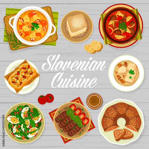 Slovenian cuisine restaurant menu cover. Nuts roll Potica, dandelion egg salad and sauerkraut bean stew Ota, dumplings Struklji, Kremna Rezina and sausages Cevapcici, bread Pogacha, meat stew Bograch