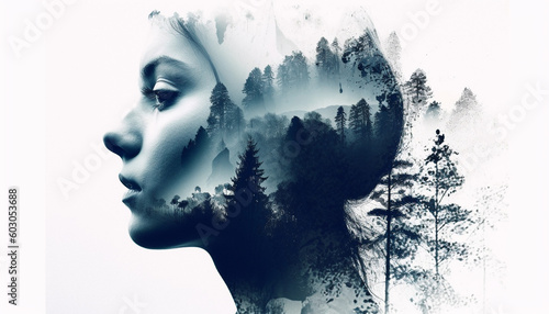 Young woman imagination creates tranquil forest scene generated by AI © Jeronimo Ramos