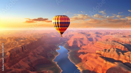 Blueish Hot Air Balloon Floating in the Sky at Sunset, Over the Grand Canyon. Generative ai