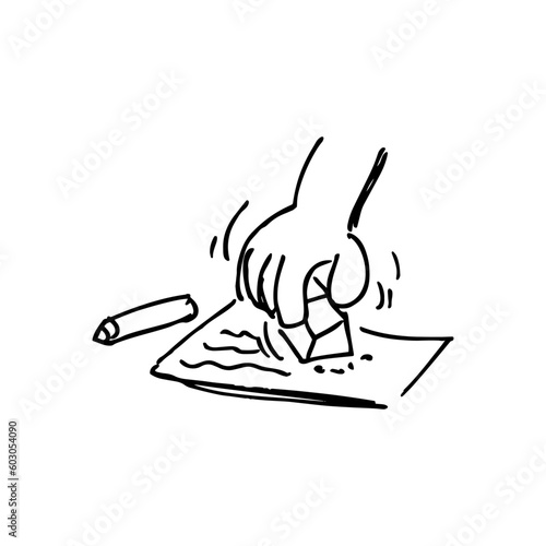 erase a writing with the eraser Hand writing on paper. Hand drawn doodle vector illustration.