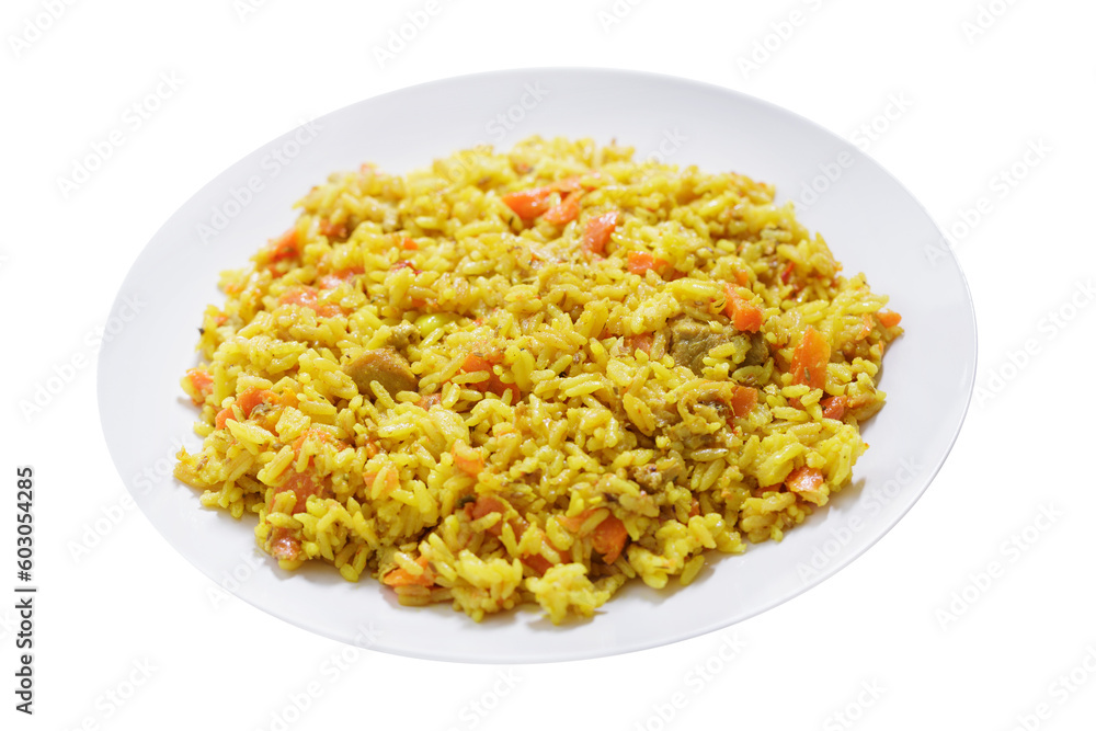 plate of pilaf with meat and vegetables isolated on transparent background