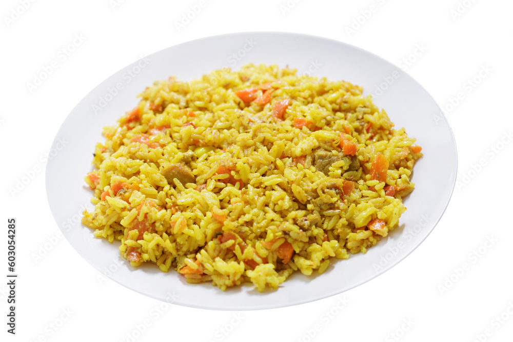 plate of pilaf with meat and vegetables isolated on transparent background plate of pilaf with meat and vegetables isolated on transparent background