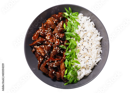 plate of  teriyaki beef, rice, green onion and sesame seeds isolated on transparent background, top view