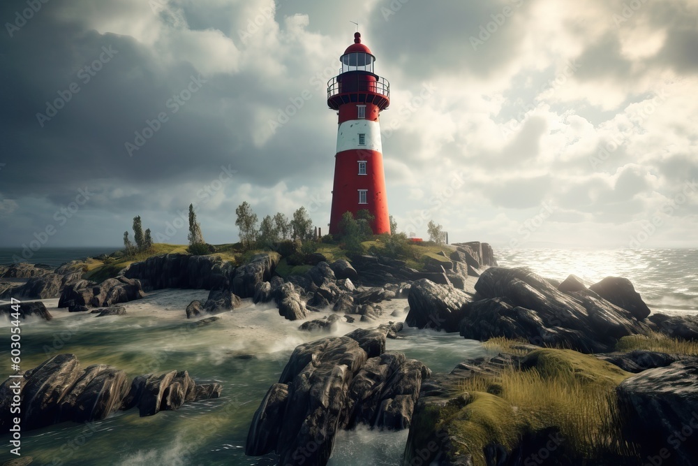 Beautiful coastal landscape with a lighthouse, generative ai