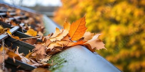 autumn leaves blocking the roof drainage, generative ai photo