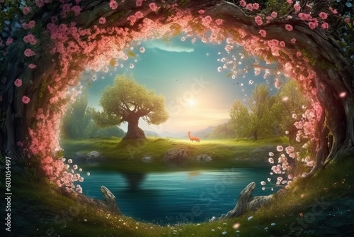 Fairytale enchanted landscape with a rounded frame in the middle, generative ai © FrankBoston
