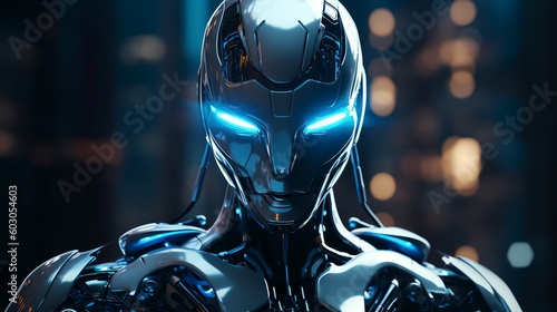 A close-up shot of a futuristic robot with glowing blue eyes standing against a dark background. Generative AI.