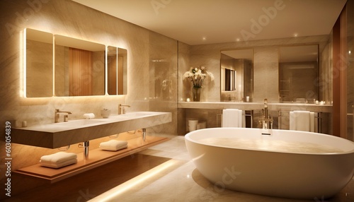 Sleek Light Grey Marble Bathroom with LED Lighting and Freestanding Tub. Generative ai