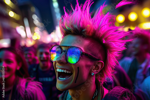 Young smiling cyberpunk girl with pink mohawk hairstyle on the street. AI generative art