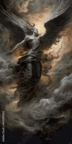 A painting of an angel flying through a cloudy sky. Generative AI religious illustration.