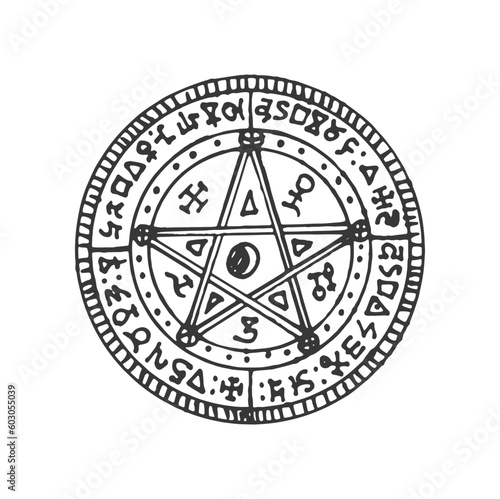 Circle magic pentagram, round ethnic amulet sketch. Vector esoteric mystic spiritual sacred mystery circle, occult talisman with magic aztec signs