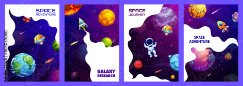 Space landing pages and posters, space adventure, research and journey, vector website templates. Galaxy landing pages with astronauts in spaceships, UFO, planets and stars or cartoon rockets