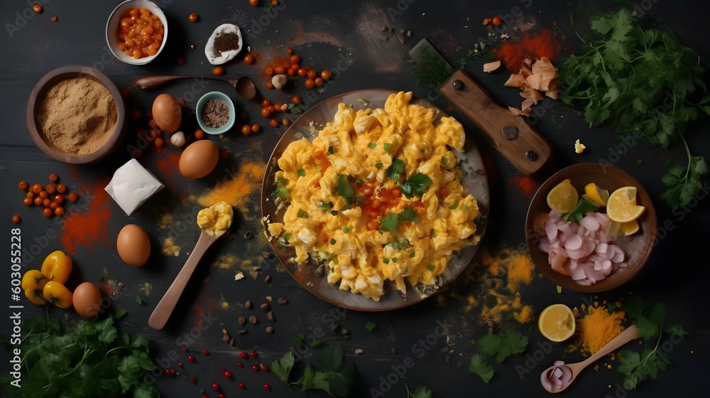 Scrambled eggs with many ingredients. Generative AI