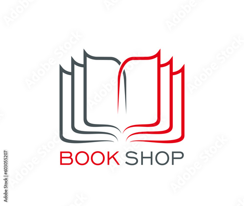 Book shop, library, store dictionary vector icon. Education, knowledge or literature symbol of open book with red and gray paper pages, bookmark. Bookstore, library and reading club isolated emblem