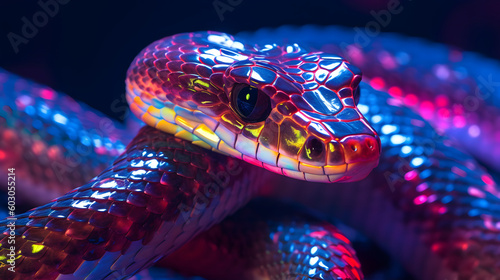 Holographic snake close-up in neon style - Generated AI photo