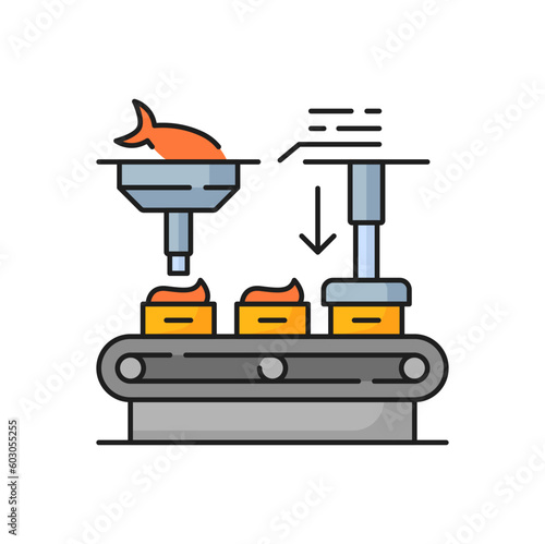 Fishing industry packaging conveyor line icon. Fish preserves production manufacture, fishing industry production or seafood factory equipment thin line vector sign with meat grinder and conveyor belt