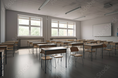 Back to school concept. Empty school classroom. Elementary class room no kid or teacher with chairs and tables in campus. Generative AI