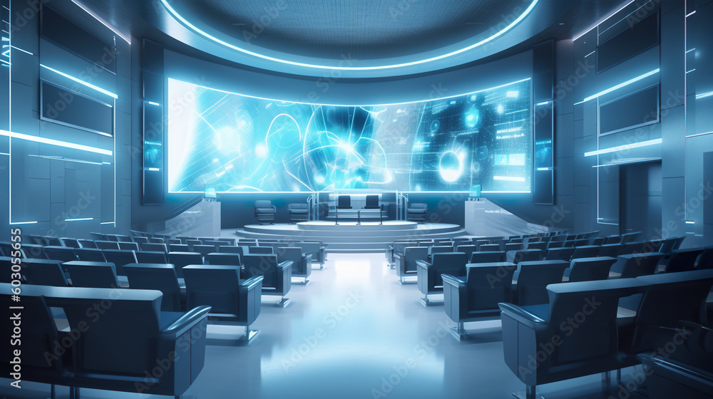 Fototapeta premium A room with chairs and a projection screen. Generative AI.