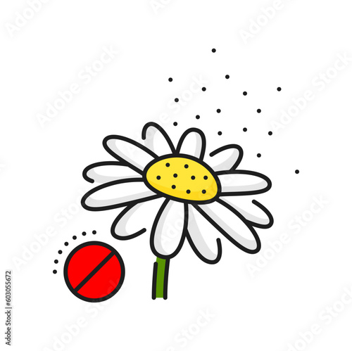 Flower pollen allergy color line icon. Respiratory disease, spring seasonal allergy thin line vector pictogram. Breathing problem, plant pollen allergen outline sign or icon with chamomile flower