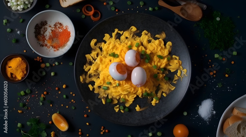 Scrambled eggs with many ingredients. Generative AI