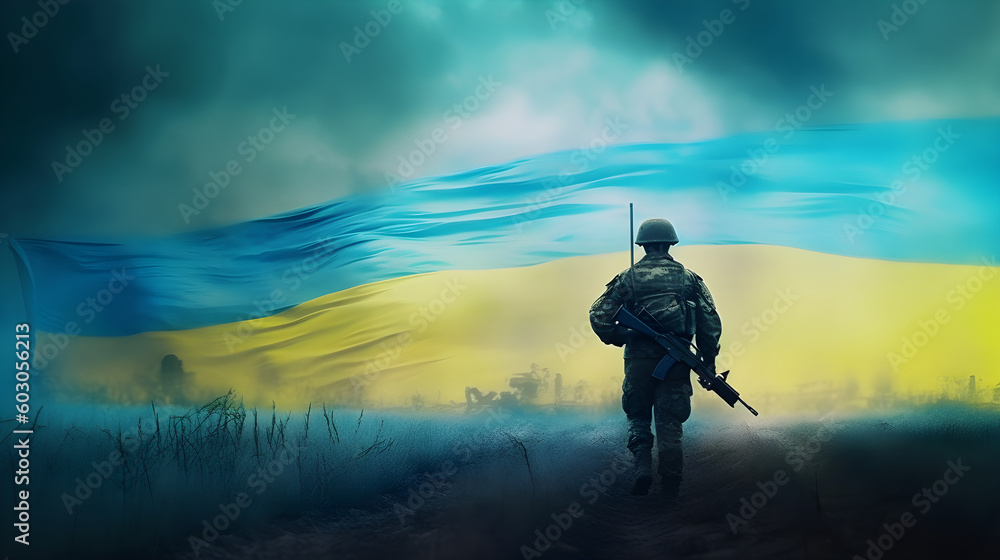 ukrainian at war soldier walking in the field, ukrainan flag background