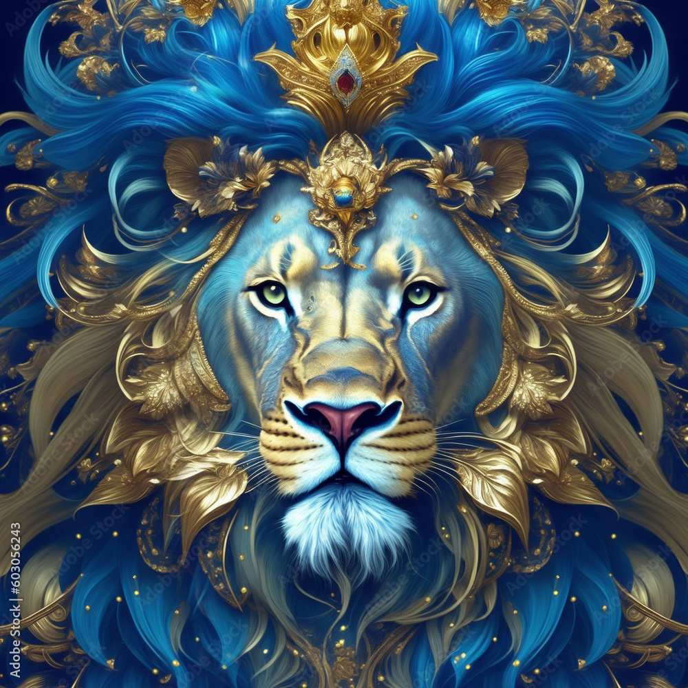 Lion front face with a big crown on the head king of the forest Lion front face with a big crown on the head king of the forest