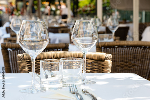 Table for two in a restaurant terrace in summer