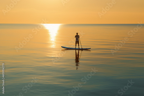 A man standing on a surfboard, sup board in the middle of the ocean. Generative AI.