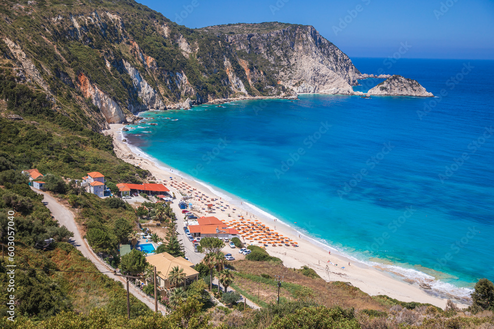 Petani Beach, Kefalonia island, Ionian sea, Greece. View from the coast road in summer. 