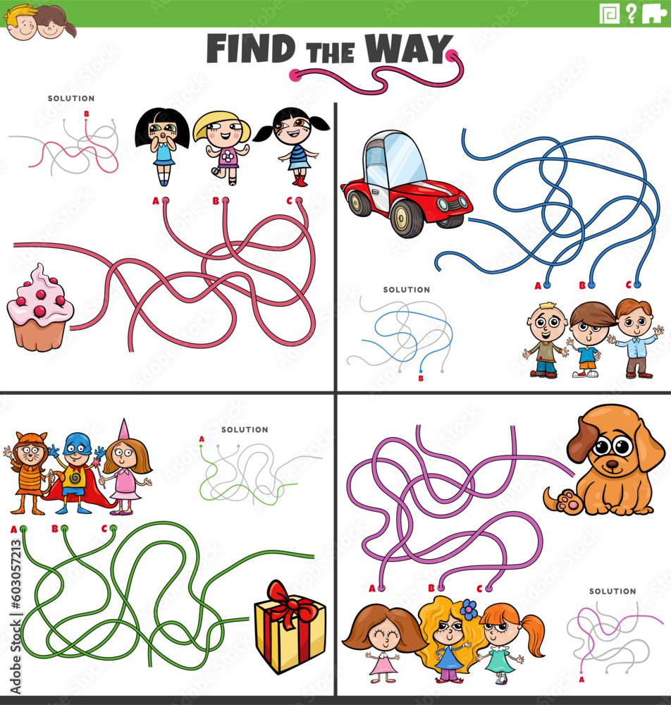 find the way maze game with funny cartoon characters