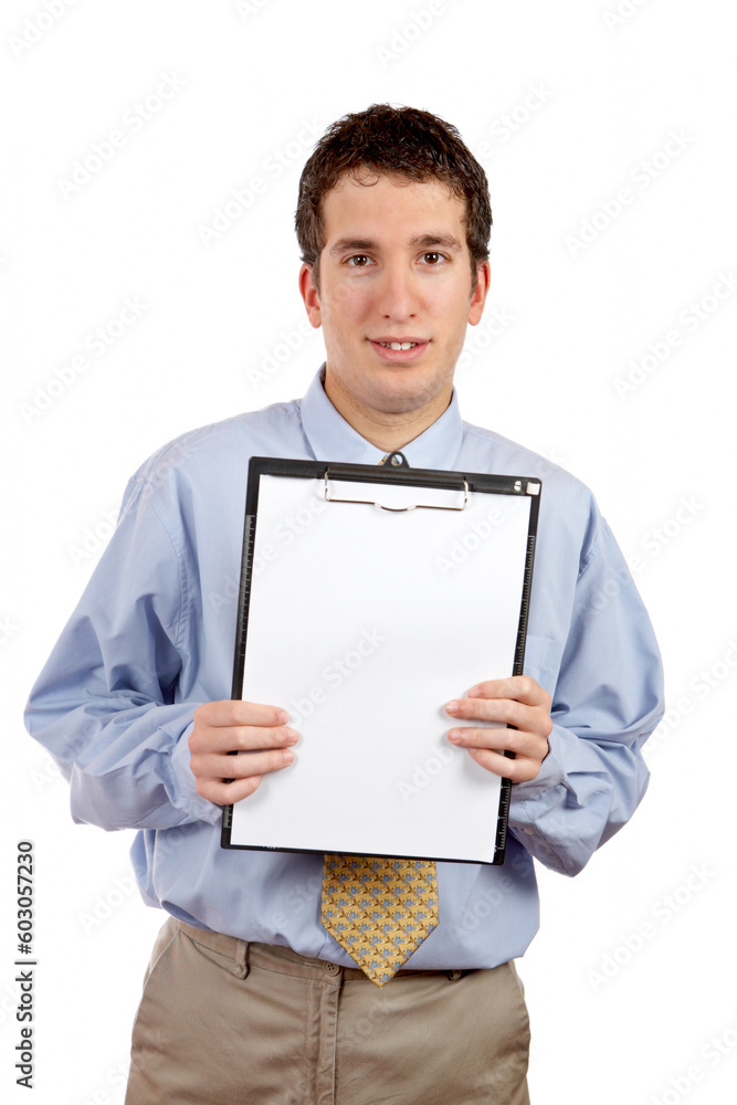 Smiling businessman showing a blank clipboard, over a white background. Eyes on focus Smiling businessman showing a blank clipboard, over a white background. Eyes on focus