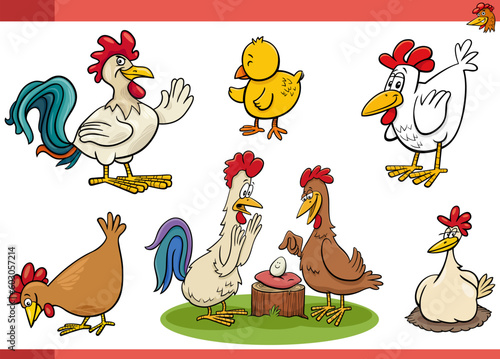 cartoon chickens farm birds comic characters set