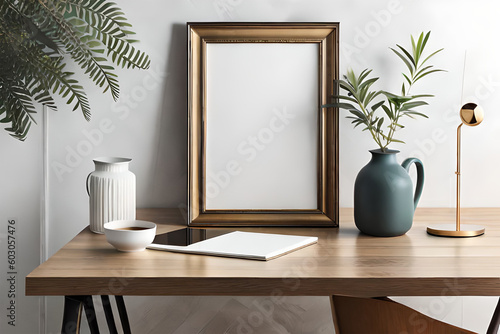 Cup of coffee, books and empty picture frame mockup on wooden desk, table. Vase with olive branches. Elegant working space, home office concept. Scandinavian interior design. Generative AI © Fazla