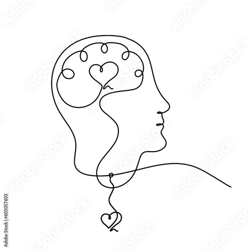 Man silhouette brain and heart as line drawing on white background
