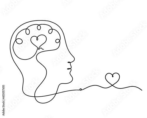 Man silhouette brain and heart as line drawing on white background