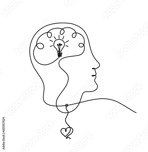 Man silhouette brain and heart as line drawing on white background