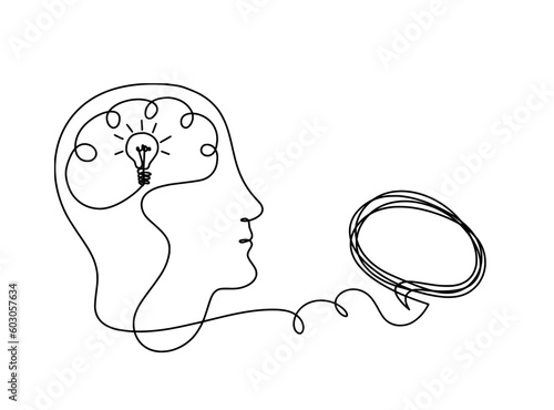 Man silhouette brain and comment as line drawing on white background photo