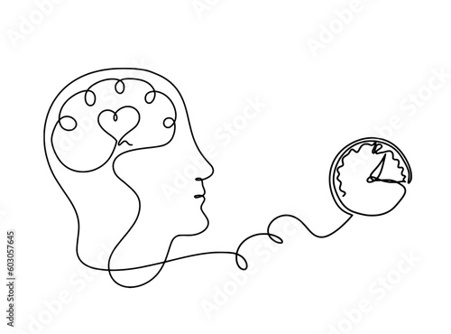 Man silhouette brain and clock as line drawing on white background