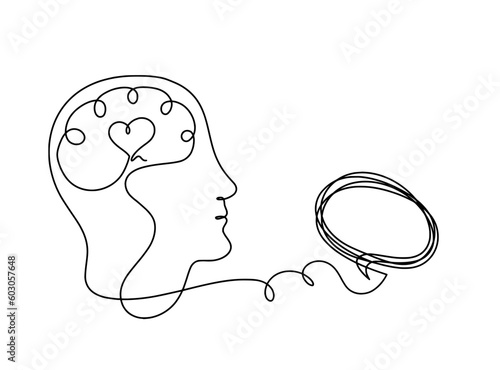 Man silhouette brain and comment as line drawing on white background photo